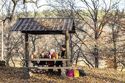 Among autumn leaves on a bench, some children and an adult are having a snack.
