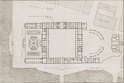 Plan of the new palace by architect Nicodemus Tessin the Younger. The Logården is visible on the left side of the image.