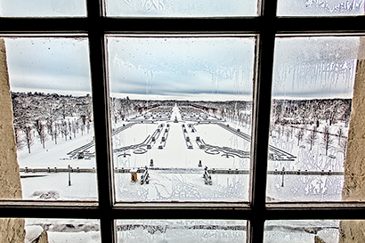 View of a snowy baroque garden